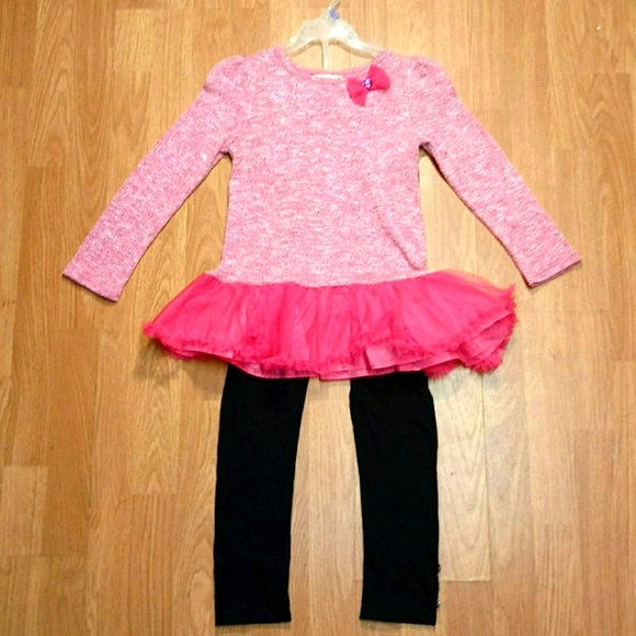 NWT Girls 2-Piece Set Bobbie Brooks Pink Bow Top & Black Leggings Size 7/8 - Picture 1 of 5
